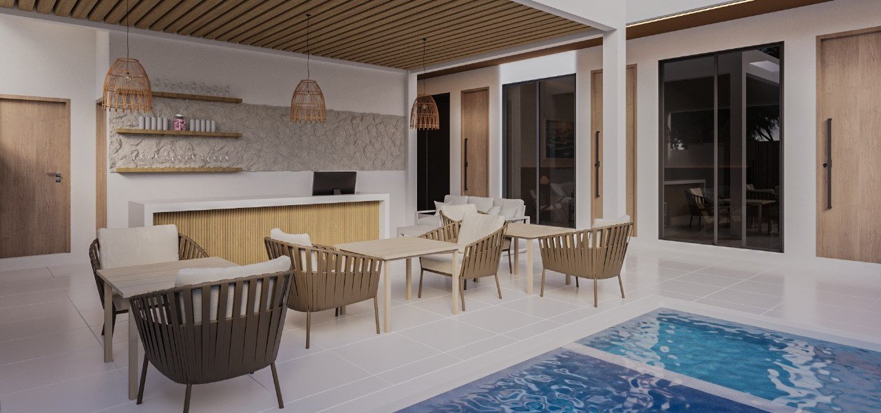 Open-plan lounge beside the pool terrace