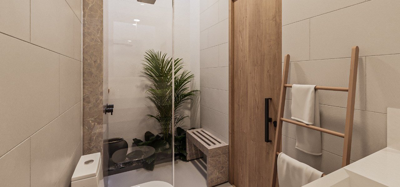 Outdoor-style shower with plants